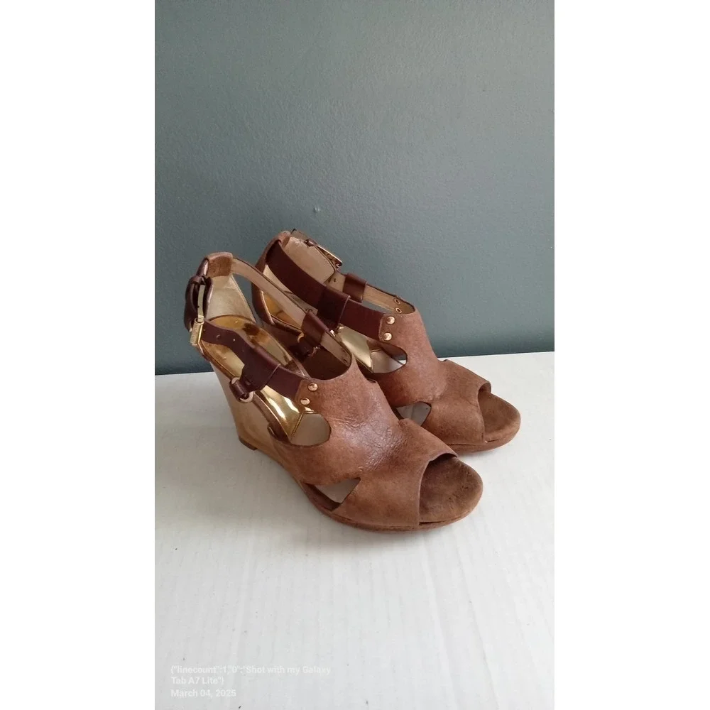 Michael Kors Brown Leather Wedge‎ Heels Gladiator Straps Buckle Size 8